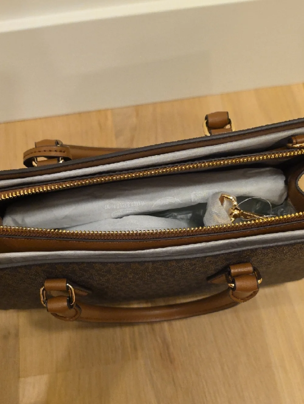 Michael Kors Brown Logo Satchel with Tan Trim and Gold Hardware - Picture 8 of 8